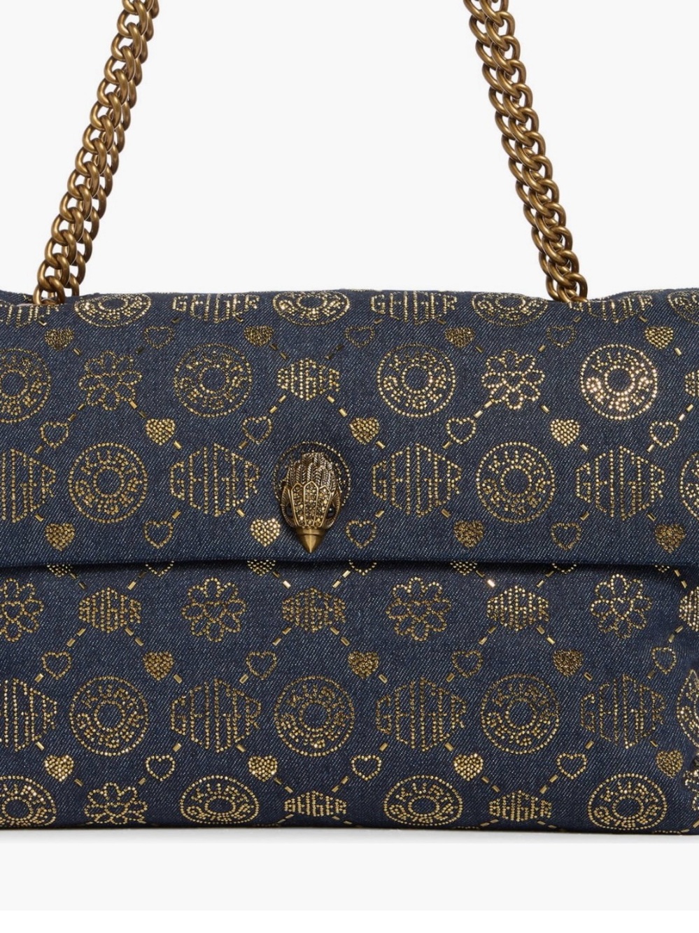 Kurt Geiger XXL Battersea Navy Denim Shoulder Bag with Gold Motif and Chain.